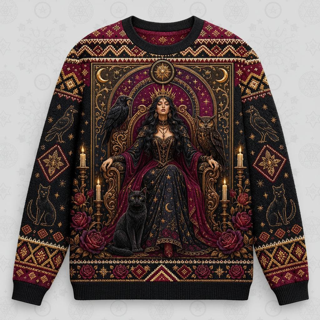 Enthroned Witch Sweater Black Cat Crown Owl Red Gold Knit front view