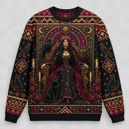 Enthroned Witch Sweater Black Cat Crown Owl Red Gold Knit front view