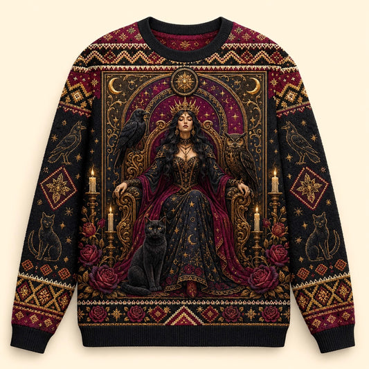 Enthroned Witch Sweater Black Cat Crown Owl Red Gold Knit front view