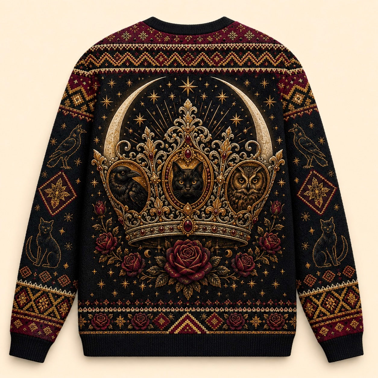 Enthroned Witch Sweater Black Cat Crown Owl Red Gold Knit back view
