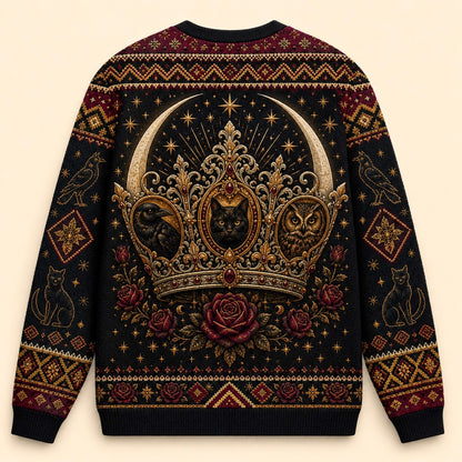 Enthroned Witch Sweater Black Cat Crown Owl Red Gold Knit back view