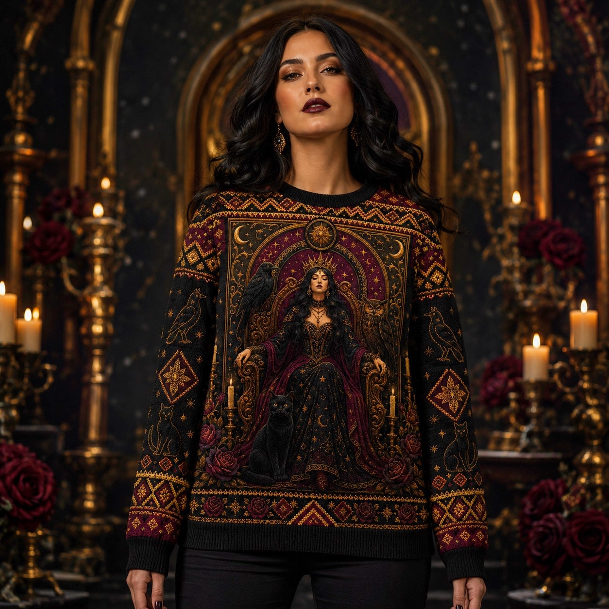 Enthroned Witch Sweater Black Cat Crown Owl Red Gold Knit worn, front view