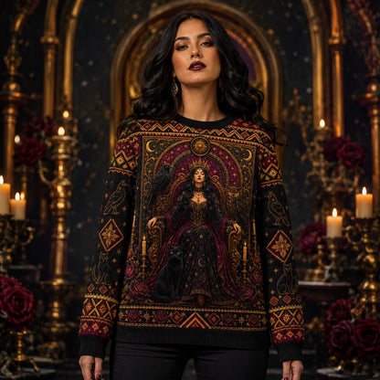 Enthroned Witch Sweater Black Cat Crown Owl Red Gold Knit worn, front view