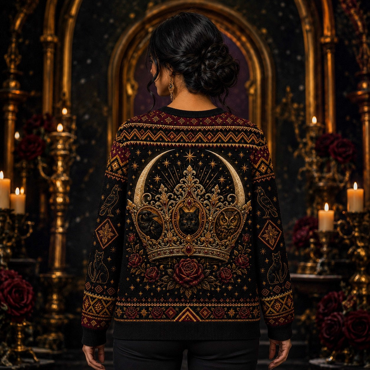 Enthroned Witch Sweater Black Cat Crown Owl Red Gold Knit worn, back view