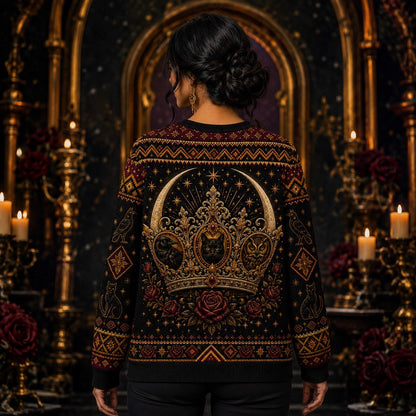 Enthroned Witch Sweater Black Cat Crown Owl Red Gold Knit worn, back view