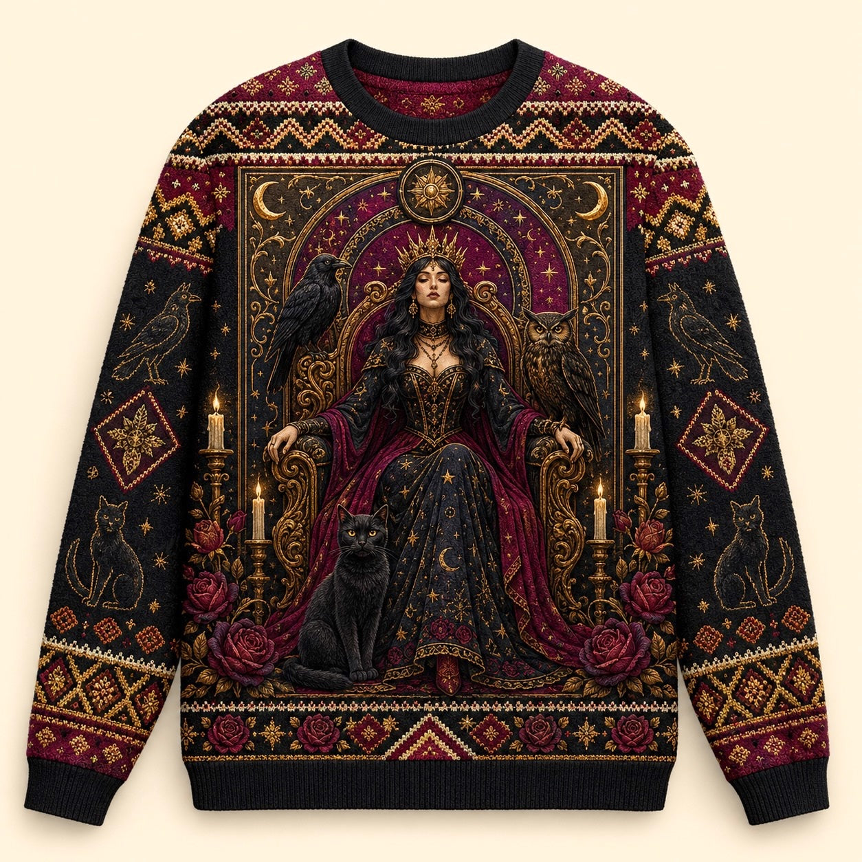 Enthroned Witch Sweater Black Cat Crown Owl Red Gold Knit front view
