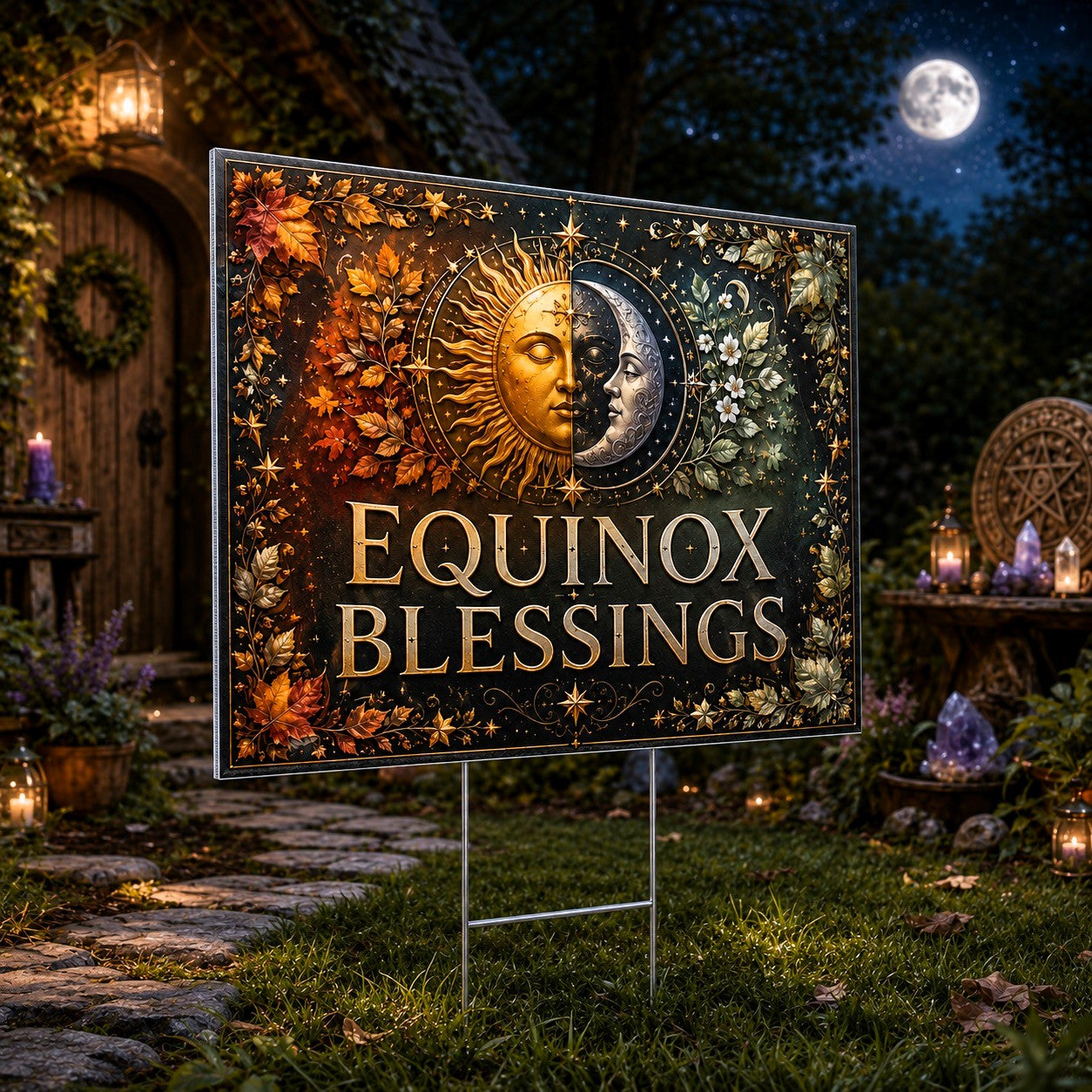 Equinox Blessings Sun Moon Autumn Leaves Wicca Yard Sign - garden display
