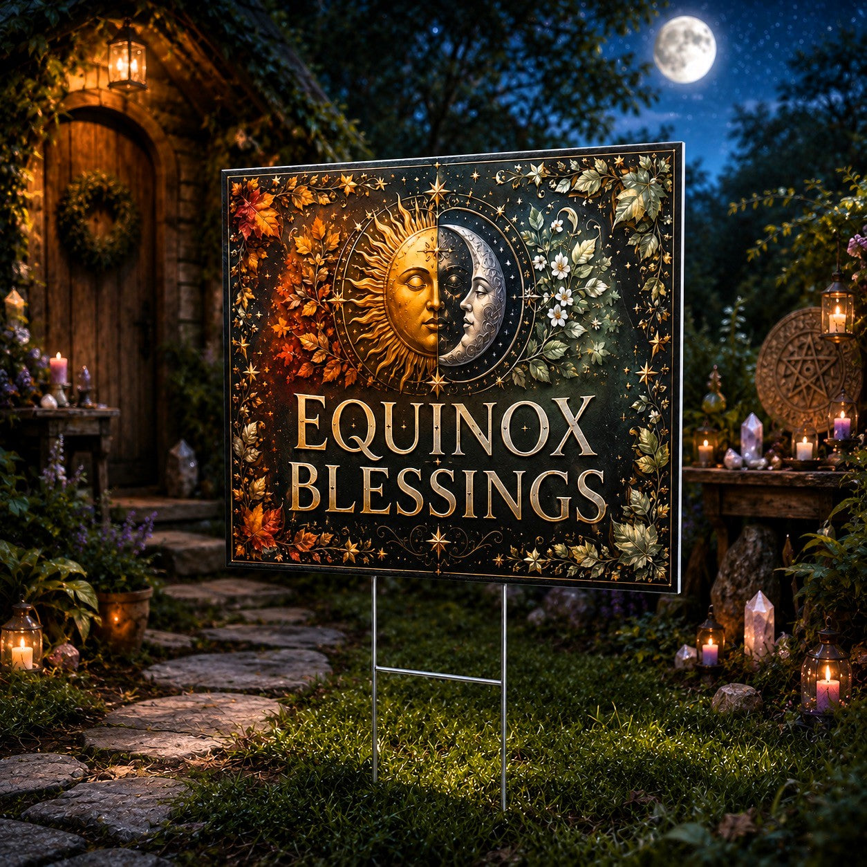 Equinox Blessings Sun Moon Autumn Leaves Wicca Yard Sign - close up detail