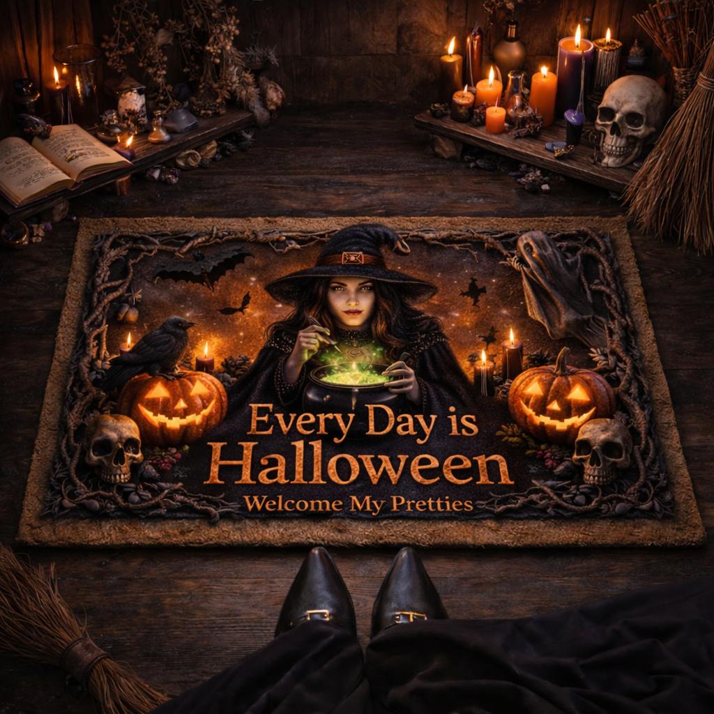 Witchy Halloween doormat with a witch, pumpkins, skulls, and "Every Day is Halloween" text.