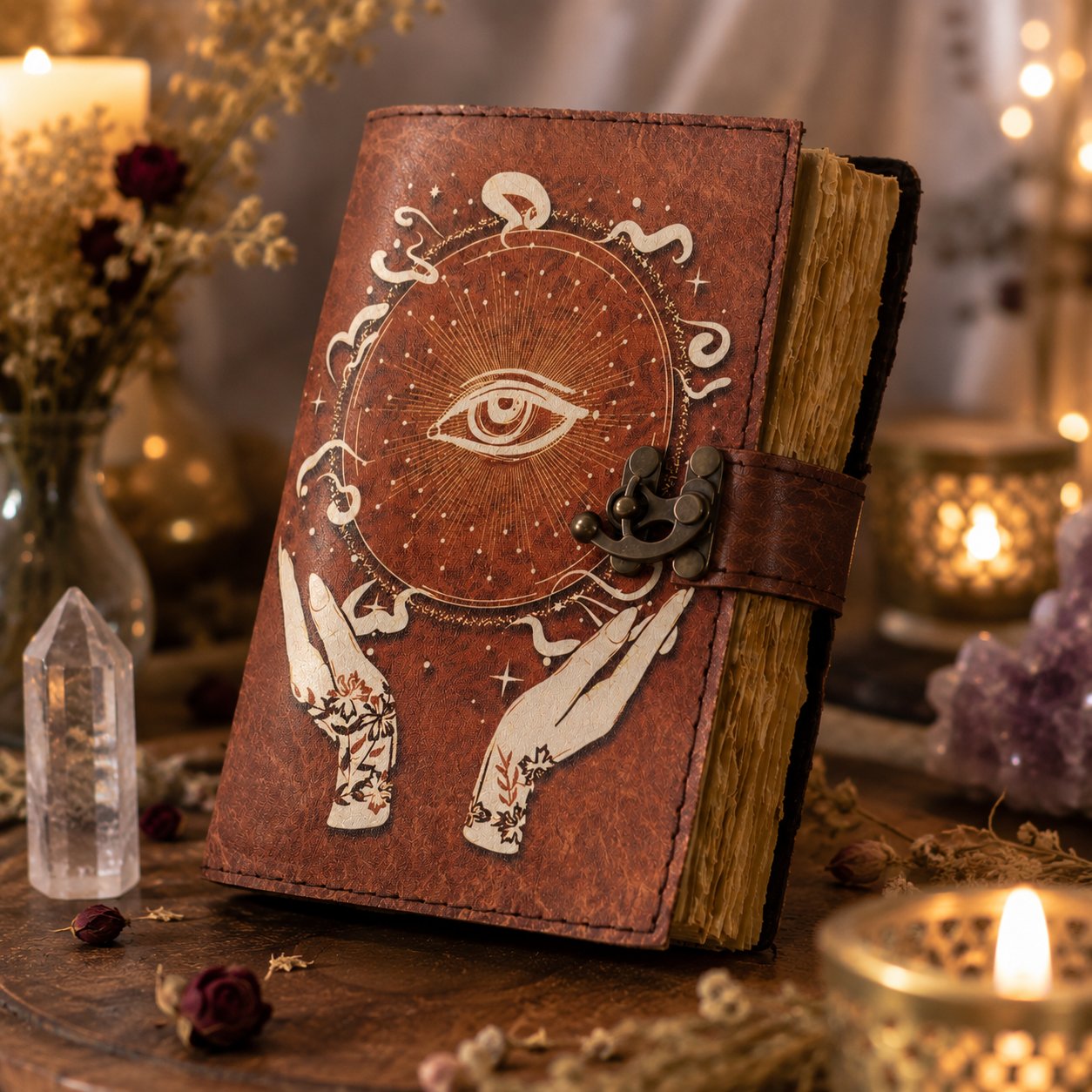 Eye of Horus Printed Leather Journal with Lock – Witch Book of Shadows Grimoire – leather journal, back cover view