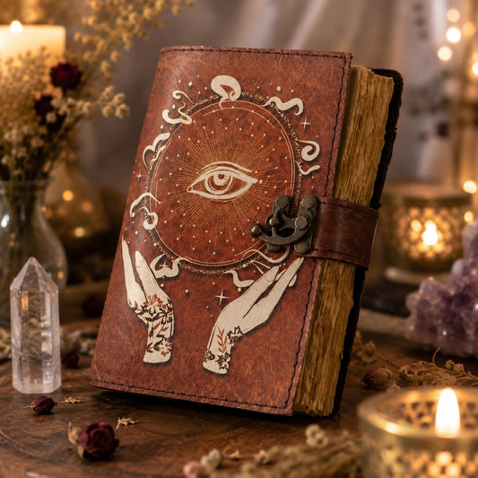 Eye of Horus Printed Leather Journal with Lock – Witch Book of Shadows Grimoire – leather journal, back cover view