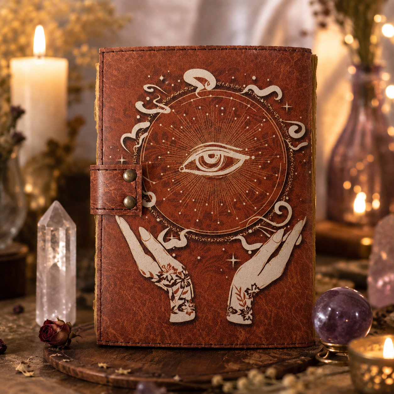 Eye of Horus Printed Leather Journal with Lock – Witch Book of Shadows Grimoire – leather journal, open blank pages view