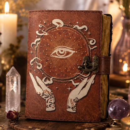 Eye of Horus Printed Leather Journal with Lock – Witch Book of Shadows Grimoire – leather journal, front cover view