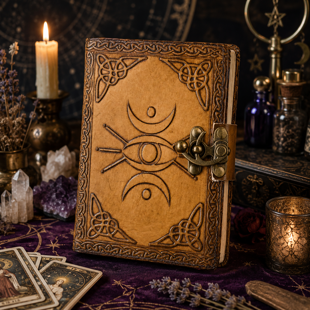 Eye of Horus third eye leather journal – handmade antique witch grimoire diary, deckle pages, view 3