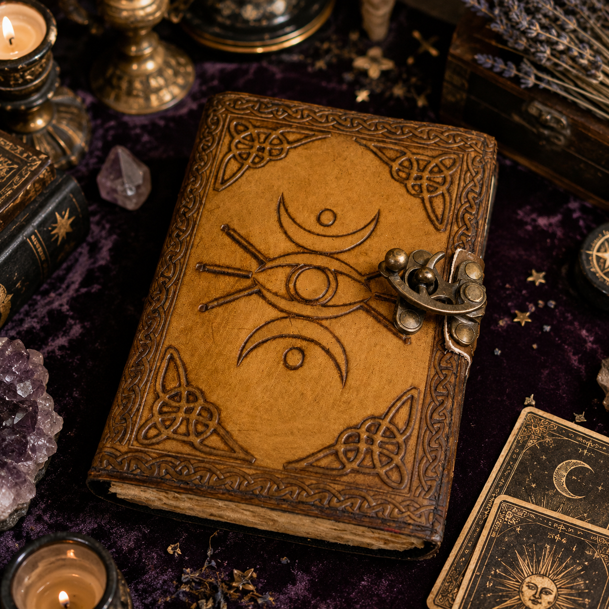 Eye of Horus third eye leather journal – handmade antique witch grimoire diary, deckle pages, view 4
