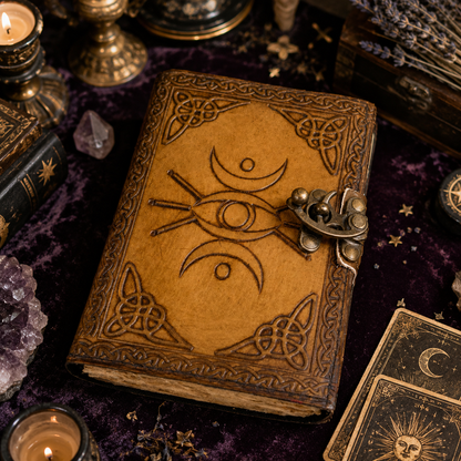 Eye of Horus third eye leather journal – handmade antique witch grimoire diary, deckle pages, view 4