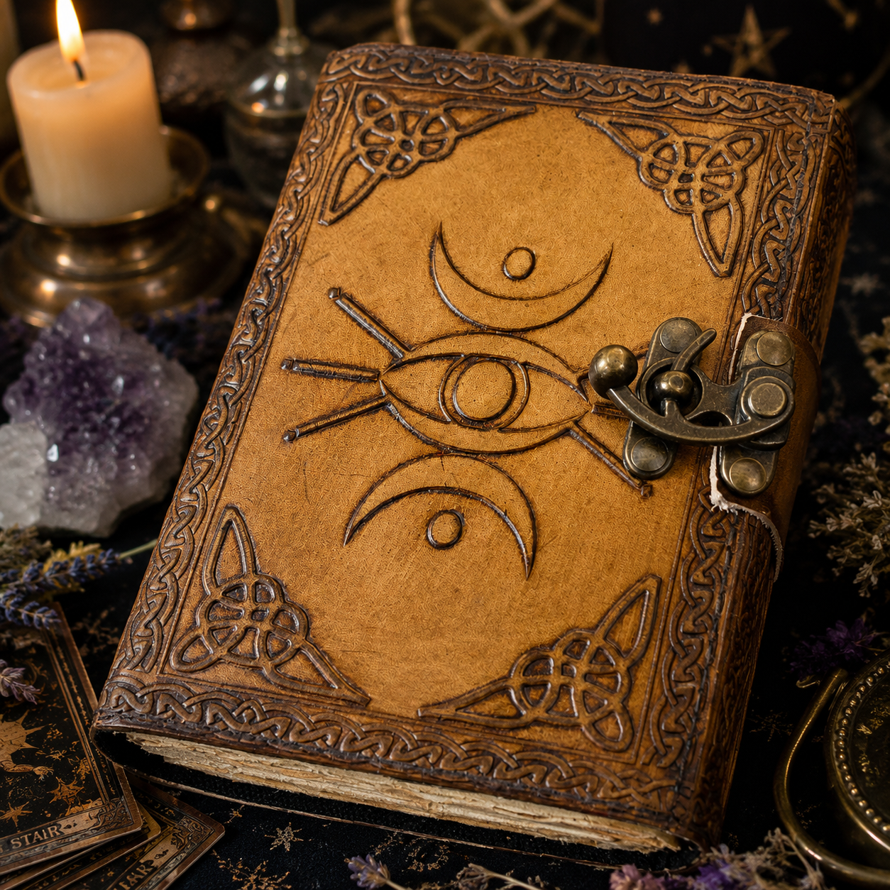 Eye of Horus third eye leather journal – handmade antique witch grimoire diary, deckle pages, view 1