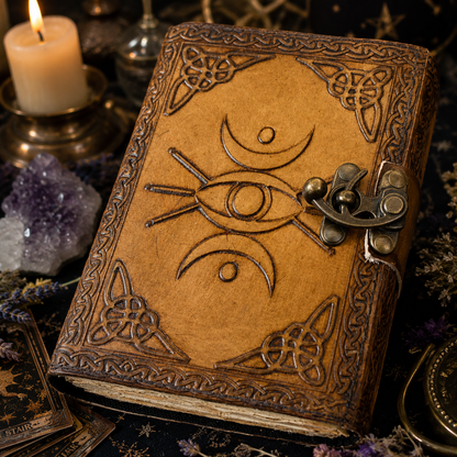 Eye of Horus third eye leather journal – handmade antique witch grimoire diary, deckle pages, view 1
