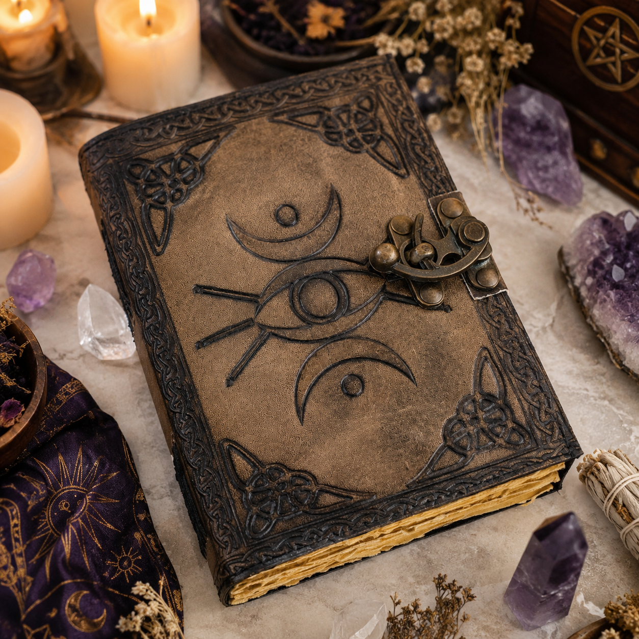 Eye of Horus third eye leather journal – handmade witch grimoire book of shadows, Egyptian design, view 3