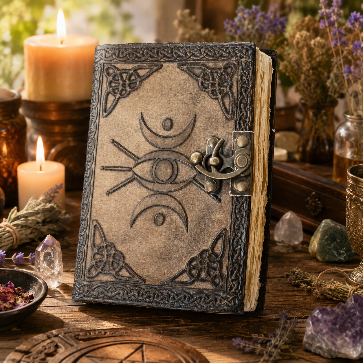 Eye of Horus third eye leather journal – handmade witch grimoire book of shadows, Egyptian design, view 1