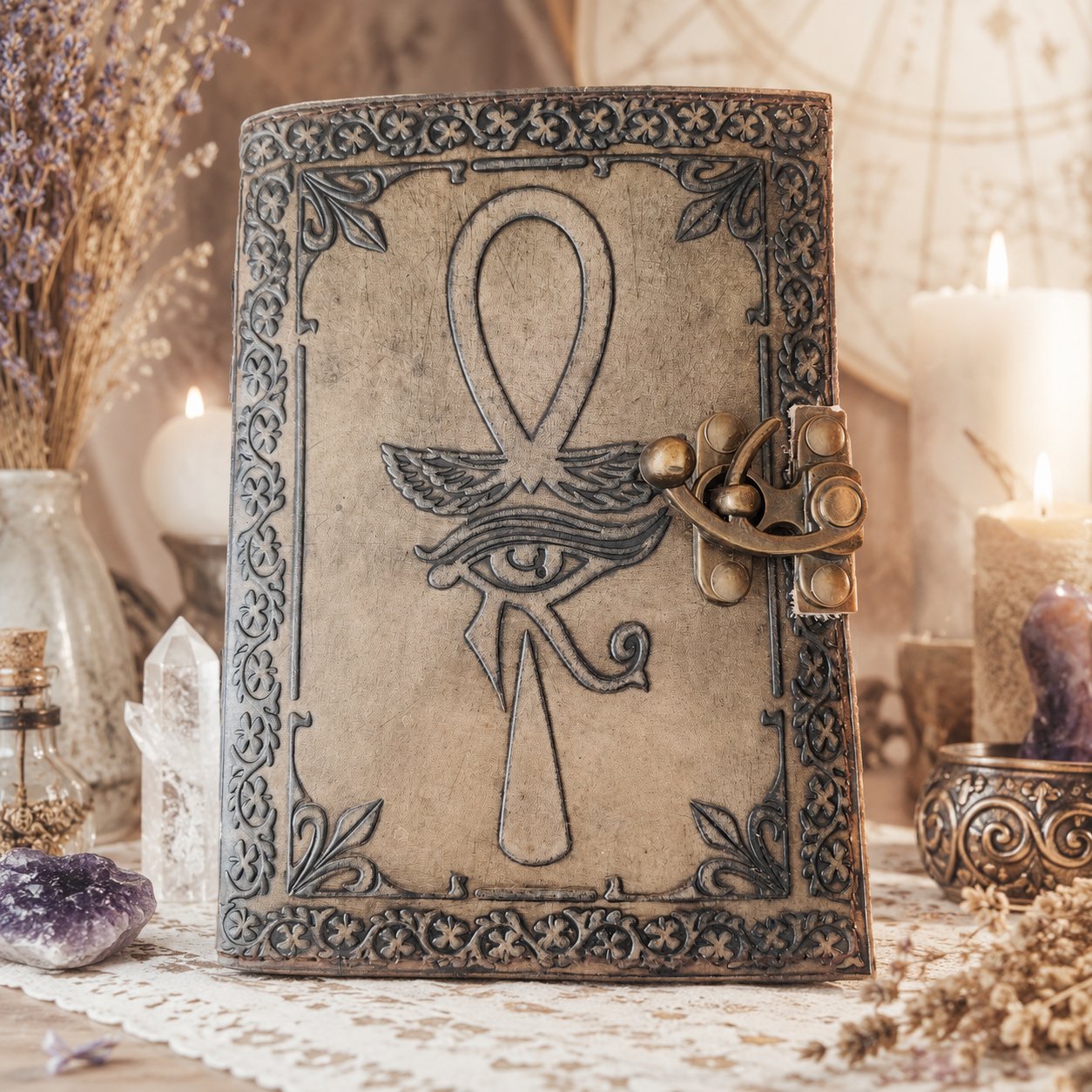 Eye of Horus Third Eye Leather Journal – Vintage Antique Grimoire Sketchbook – leather journal, open blank pages view