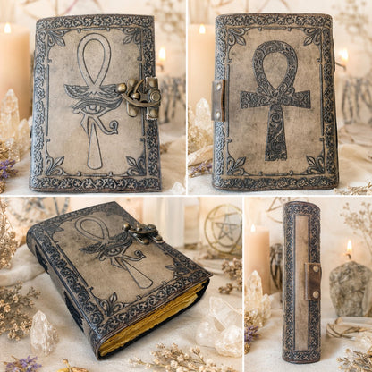 Eye of Horus Third Eye Leather Journal – Vintage Antique Grimoire Sketchbook – leather journal, close-up cover detail