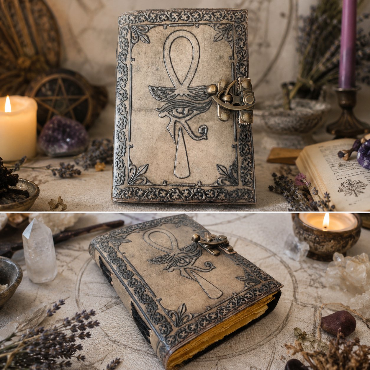 Eye of Horus Third Eye Leather Journal – Vintage Antique Grimoire Sketchbook – leather journal, size and scale view