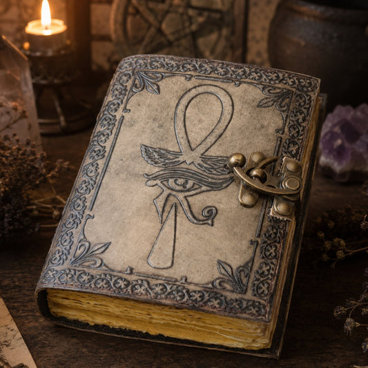 Eye of Horus Third Eye Leather Journal – Vintage Antique Grimoire Sketchbook – leather journal, front cover view