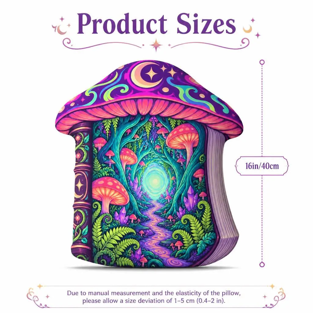Size guide showing 16 inch / 40 cm: decorative plush pillow featuring fantasy woodland book with a mushroom-cap top