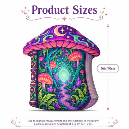 Size guide showing 16 inch / 40 cm: decorative plush pillow featuring fantasy woodland book with a mushroom-cap top