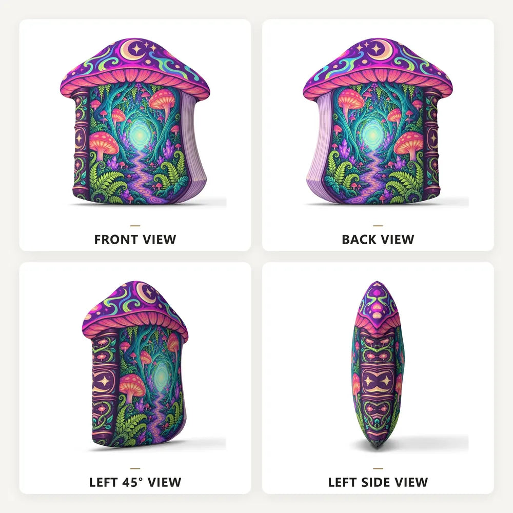 Front, back and side views: decorative plush pillow featuring fantasy woodland book with a mushroom-cap top