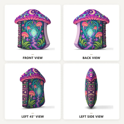 Front, back and side views: decorative plush pillow featuring fantasy woodland book with a mushroom-cap top