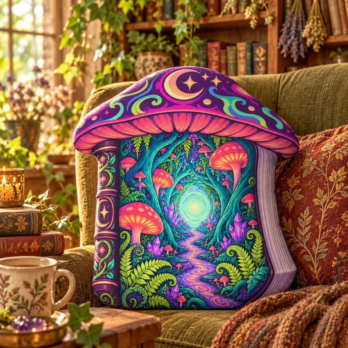Fantasy Mushroom Book Shaped Pillow in a witchy reading room