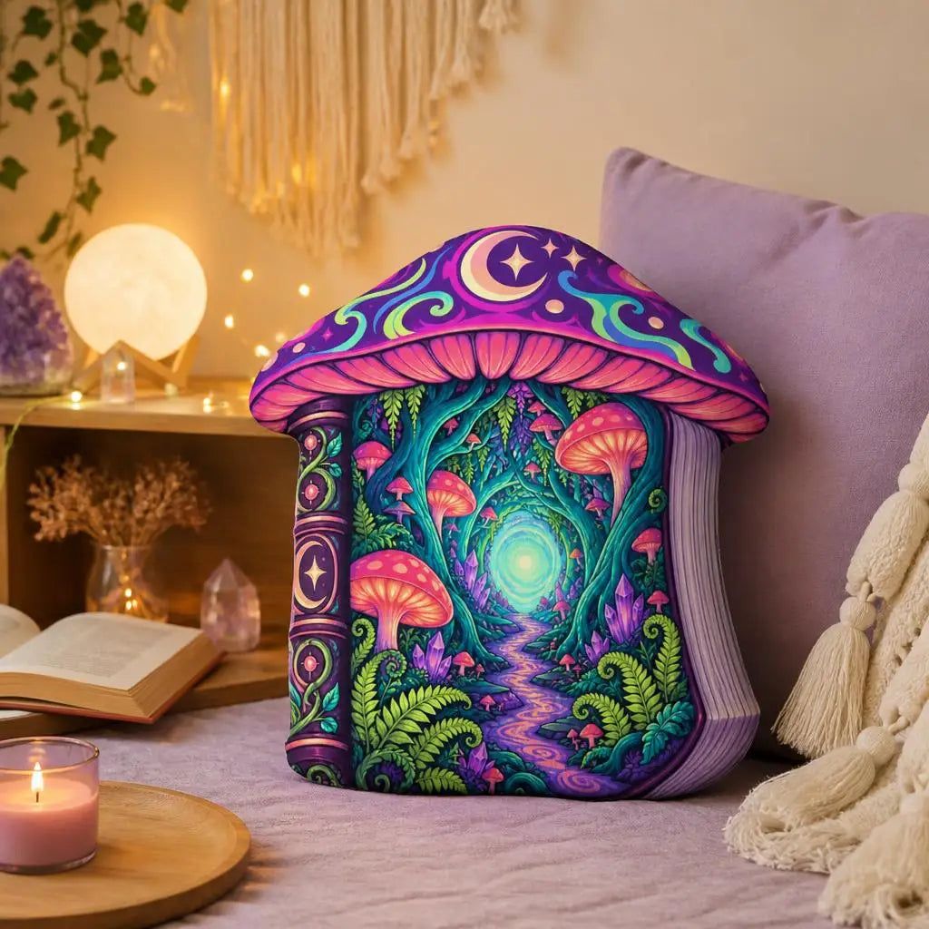 Alternate styled room view: decorative plush pillow featuring fantasy woodland book with a mushroom-cap top