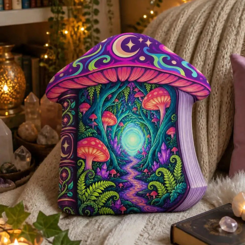 Styled room view: decorative plush pillow featuring fantasy woodland book with a mushroom-cap top