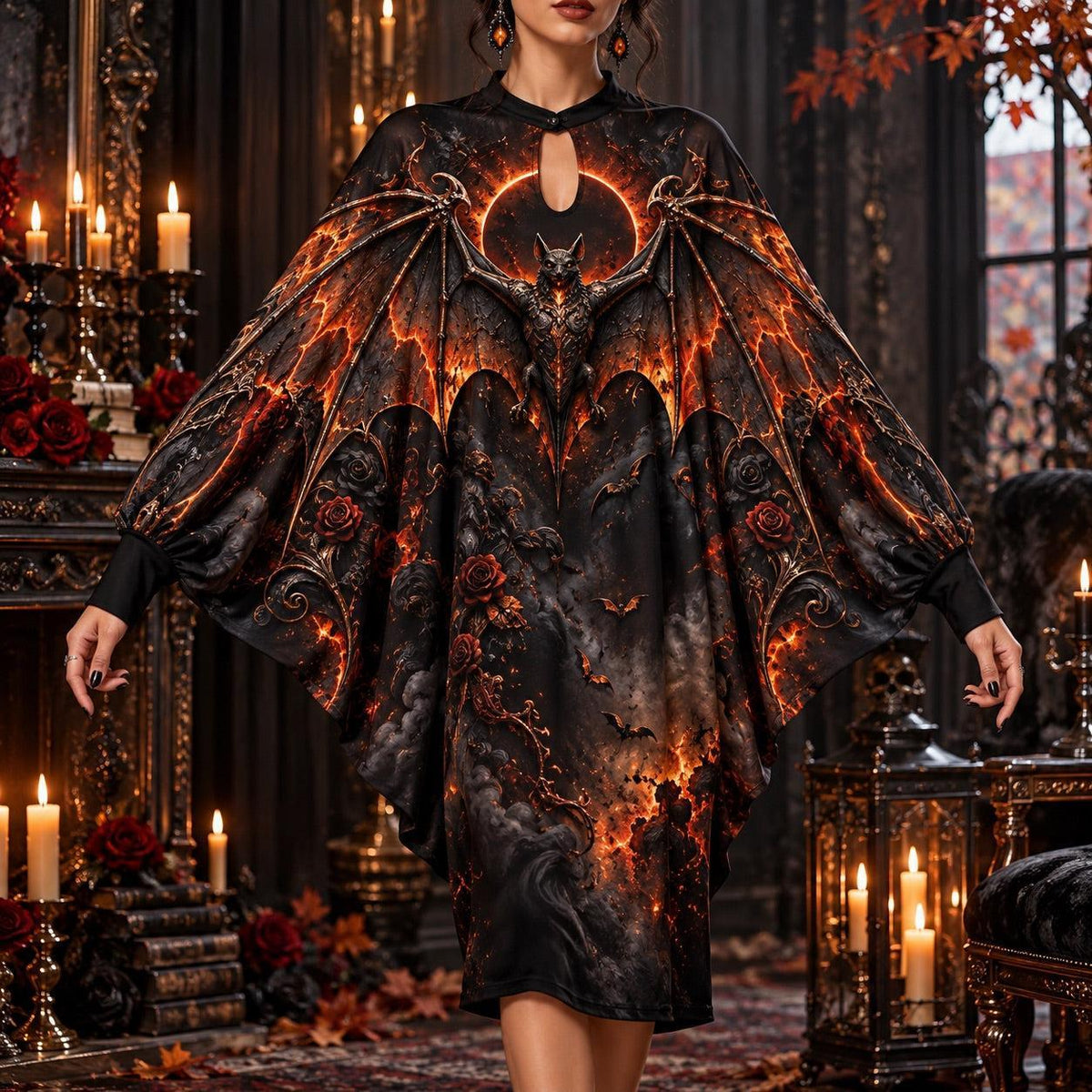 Fire Bat Eclipse Gothic Batwing Dress – Ember Halloween Witchy Midi – worn, front view