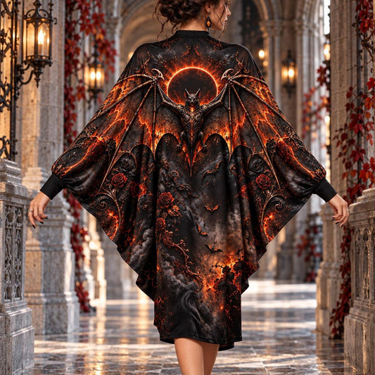 Fire Bat Eclipse Gothic Batwing Dress – Ember Halloween Witchy Midi – worn, back view