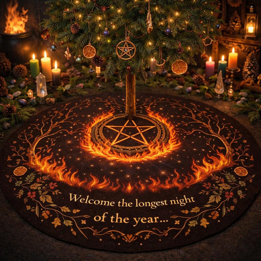 Dark gothic velvet tree skirt with a fiery pentagram and "Welcome the longest night of the year" text.