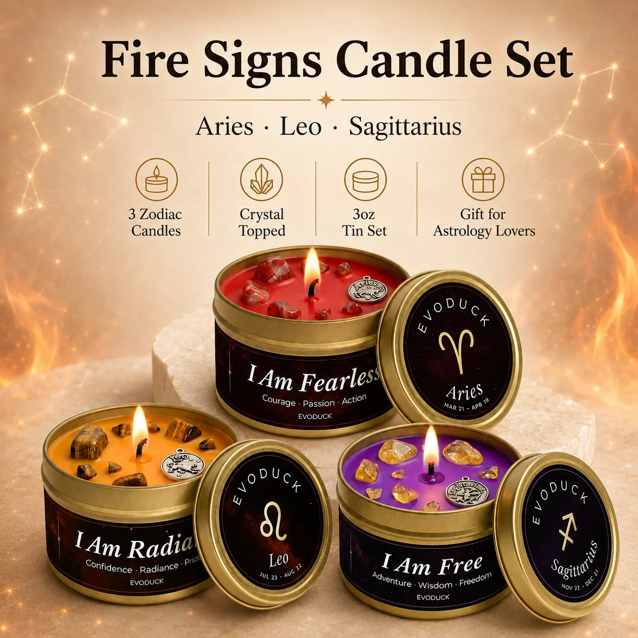 Fire Signs Candle Set featuring Aries, Leo and Sagittarius candles with crystal tops - 3oz tin set, gift for astrology lovers