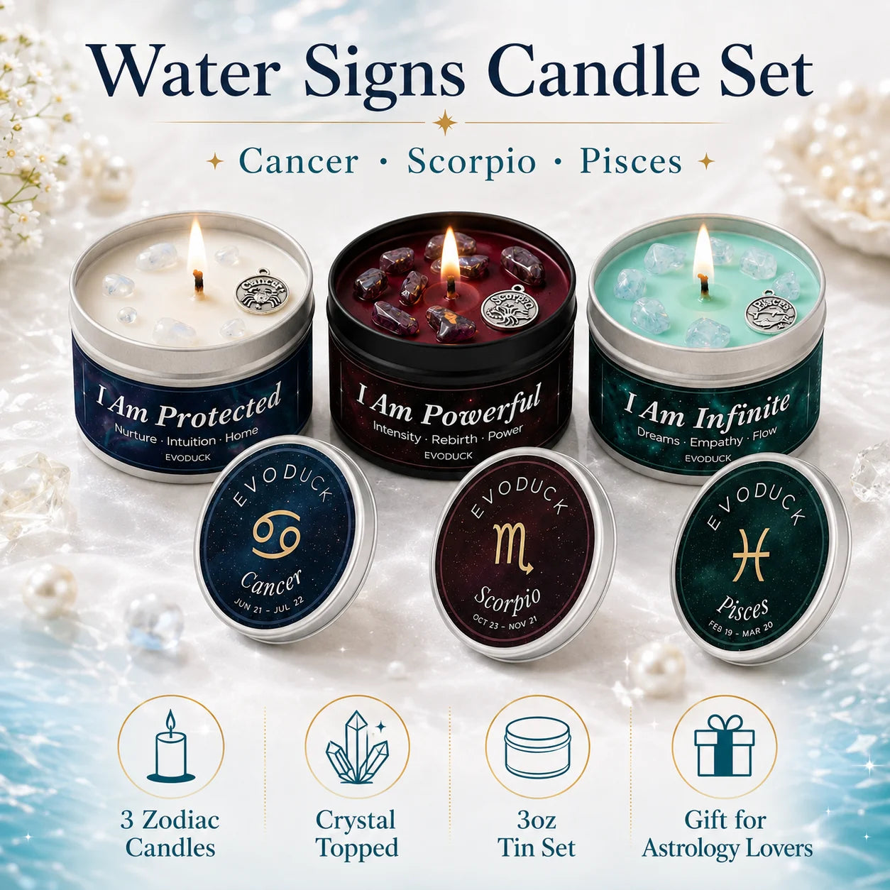 Water Signs Candle Set featuring Cancer, Scorpio and Pisces candles with crystal tops - 3oz tin set, gift for astrology lovers
