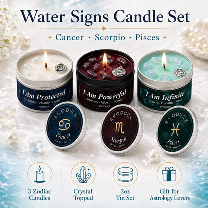 Water Signs Candle Set featuring Cancer, Scorpio and Pisces candles with crystal tops - 3oz tin set, gift for astrology lovers