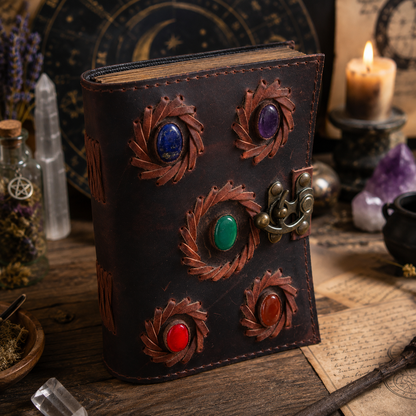 Five stone embedded leather journal – Wiccan grimoire with antique brass lock, deckle pages, view 2