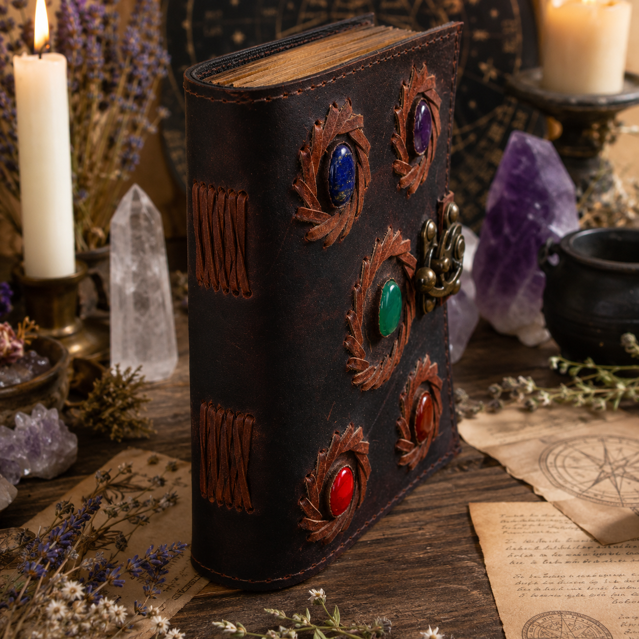 Five stone embedded leather journal – Wiccan grimoire with antique brass lock, deckle pages, view 3