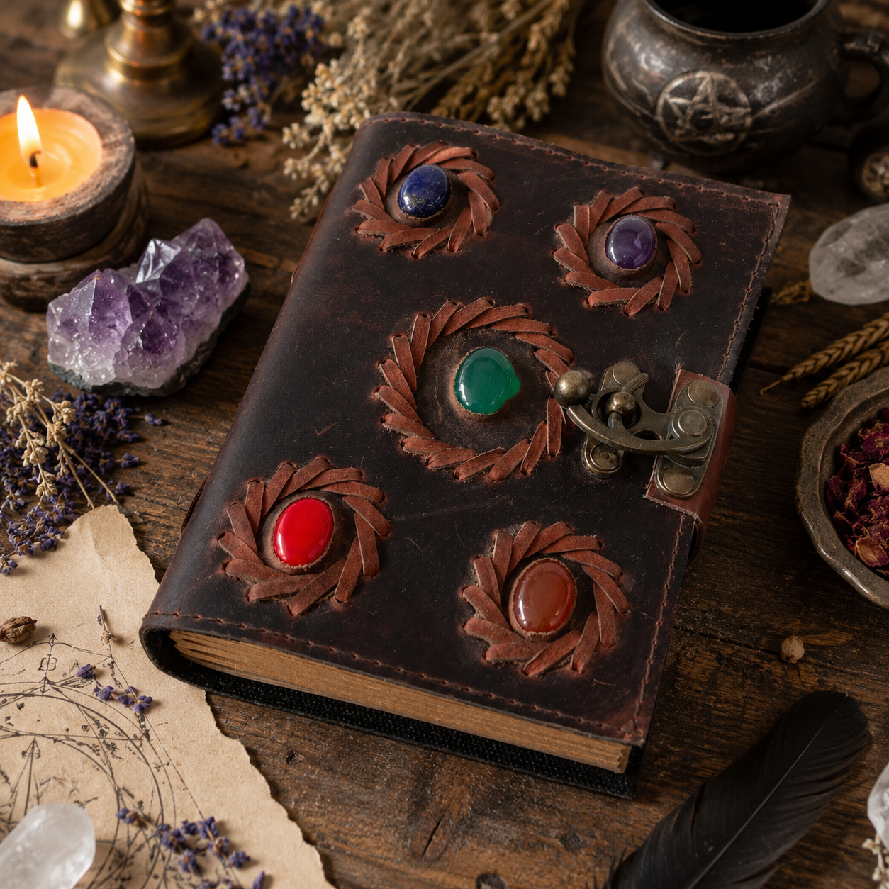 Five stone embedded leather journal – Wiccan grimoire with antique brass lock, deckle pages, view 1