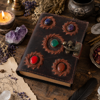Five stone embedded leather journal – Wiccan grimoire with antique brass lock, deckle pages, view 1