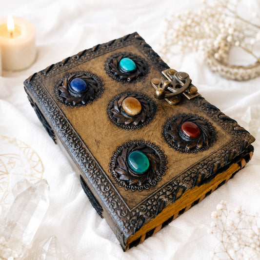 Five Stone Wiccan Leather Journal – Antique Handmade Book of Shadows with Lock – leather journal, back cover view