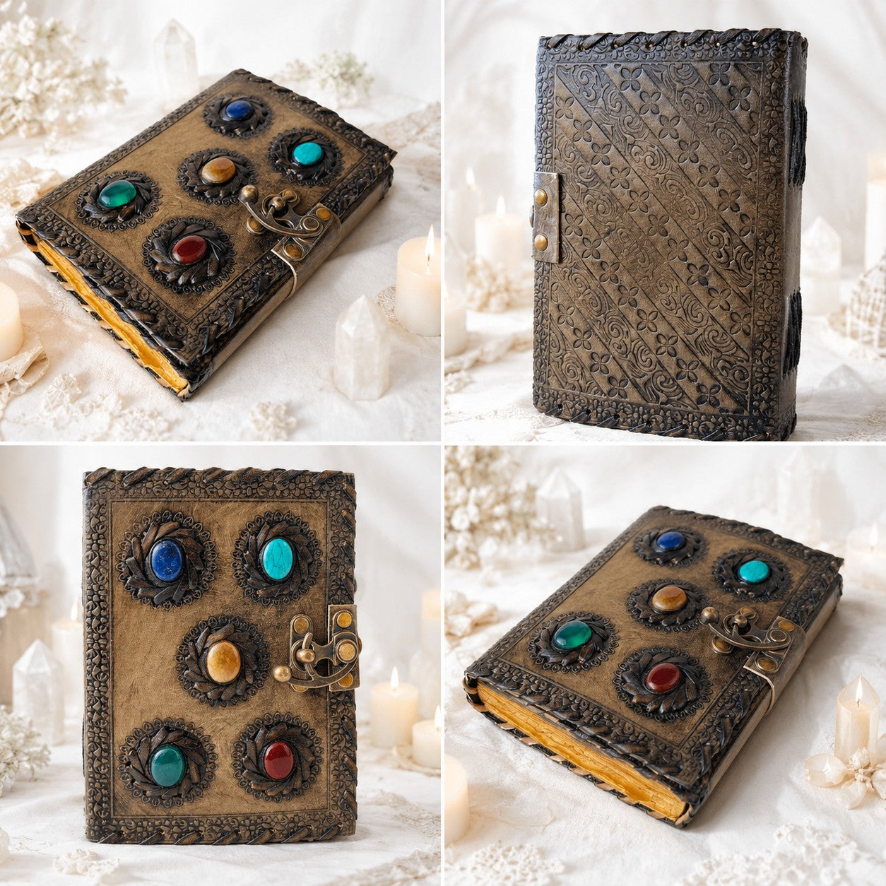Five Stone Wiccan Leather Journal – Antique Handmade Book of Shadows with Lock – leather journal, open blank pages view
