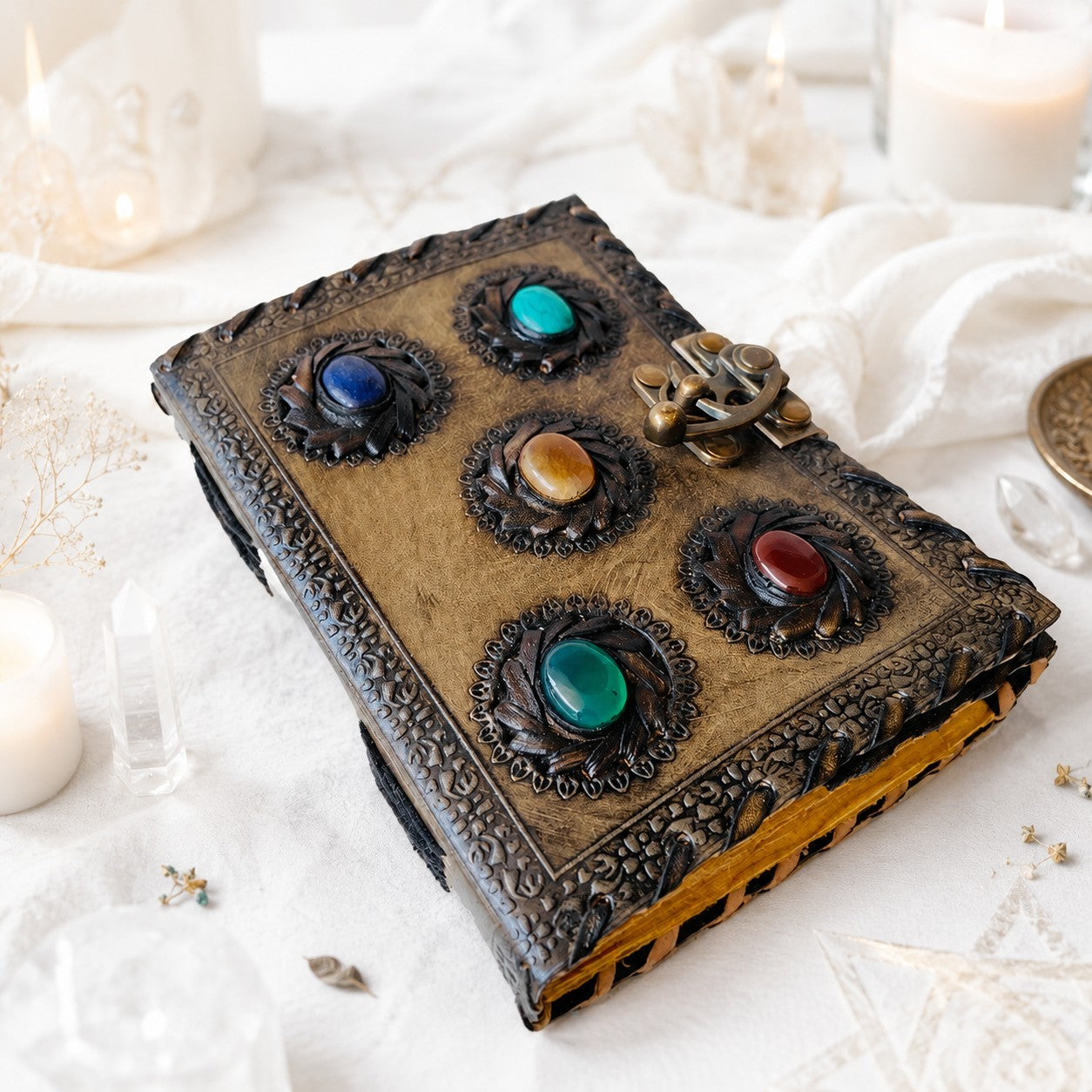 Five Stone Wiccan Leather Journal – Antique Handmade Book of Shadows with Lock – leather journal, close-up cover detail