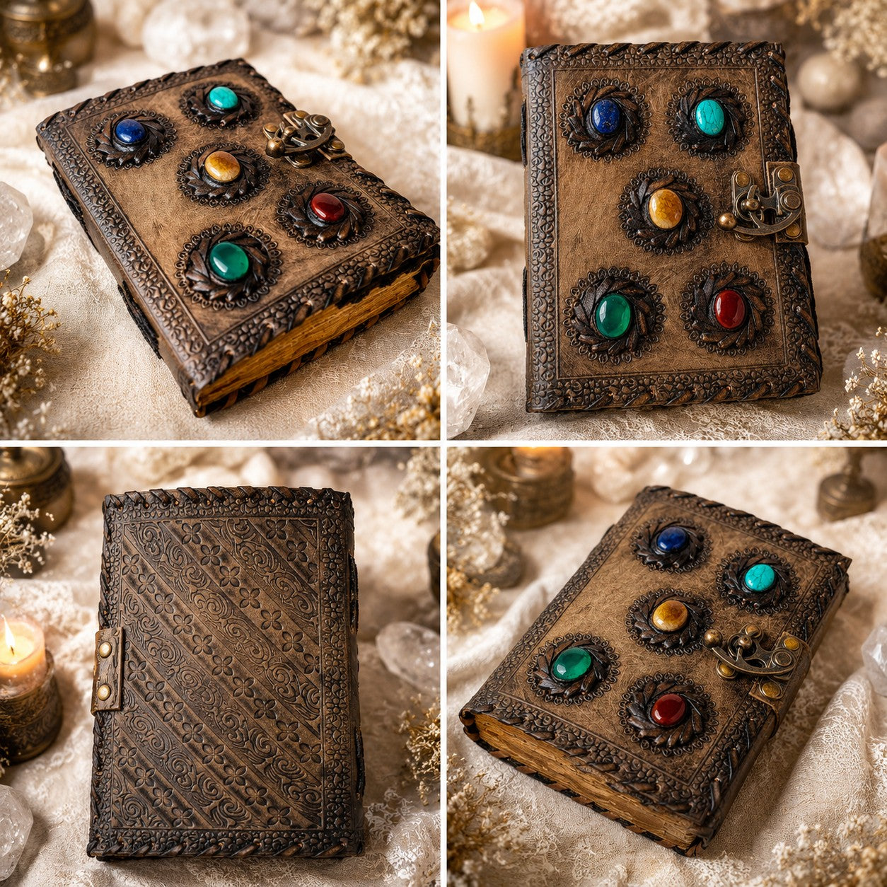 Five Stone Wiccan Leather Journal – Antique Handmade Book of Shadows with Lock – leather journal, front cover view