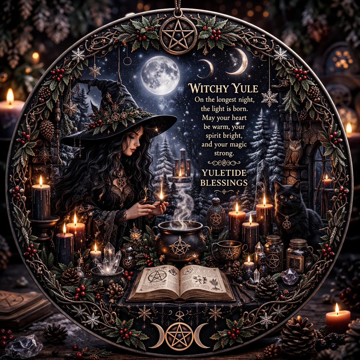 Dark Witch ceramic ornament with a witch, black cat, cauldron, candles, and Yule blessings.